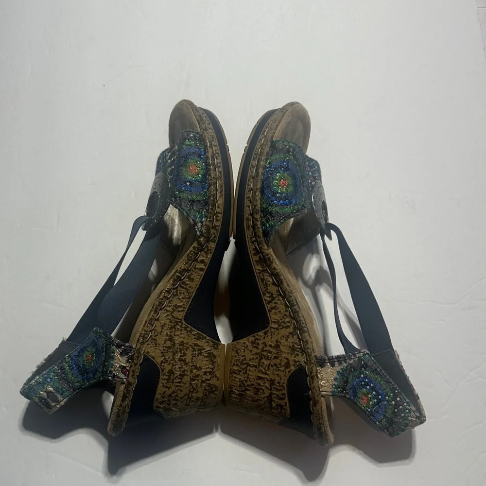 Rieker Roberta Peacock Colorful heeled wedge Sandals metallic ring elastic strap